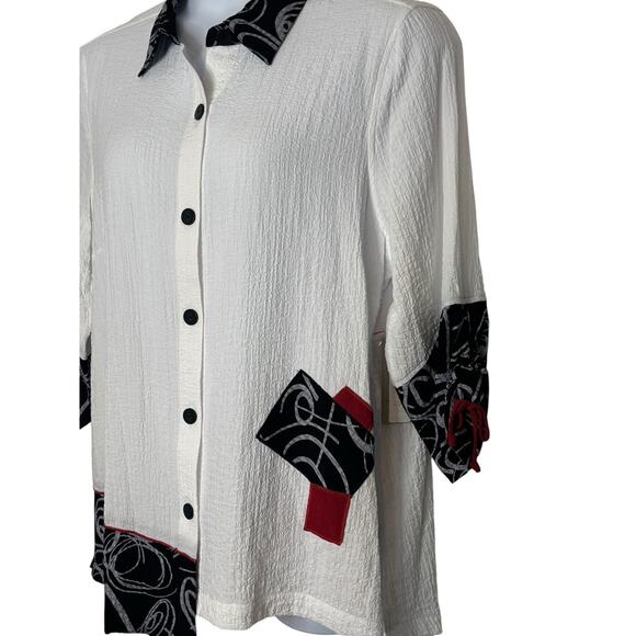 Ali Miles Tunic Top Womens XL Patches Rayon 3/4 Sleeve Art To Wear Artsy NEW - Picture 2 of 8